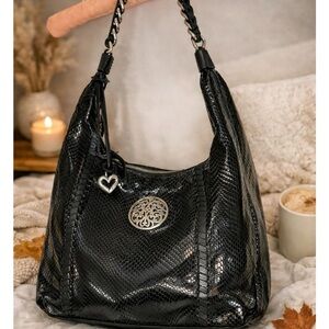 Brighton Black Snakeskin Embossed Leather Hobo Bag Silver Medallion Y2K EUC
